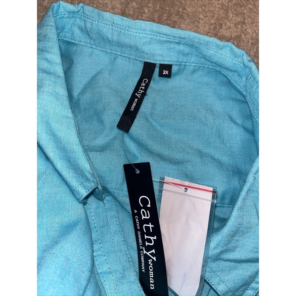 New CATHY Blue Button Down Top 3/4 Roll Tab Sleeve Shirt WOMENS Plus Sz 2XL - Picture 3 of 6